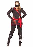 Female ninja (aka kunoichi), costume top and pants, hood, sash, dragon, XL to 4XL